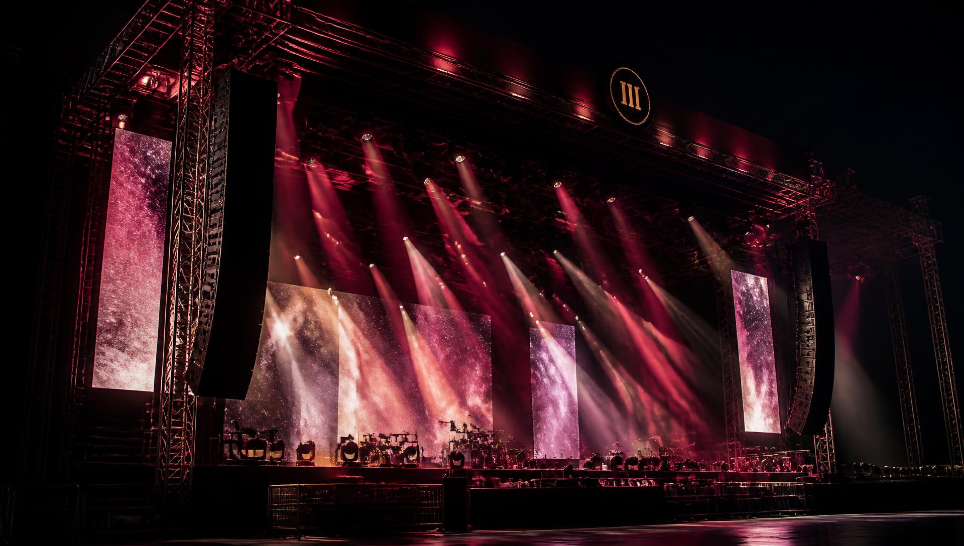 Concert stage with line array speakers, moving lights and LED screens
